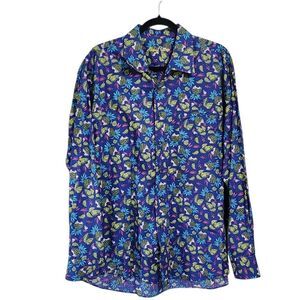 Allan Flusser Shirt XL Button Down Pineapple Print Blue 100% Cotton